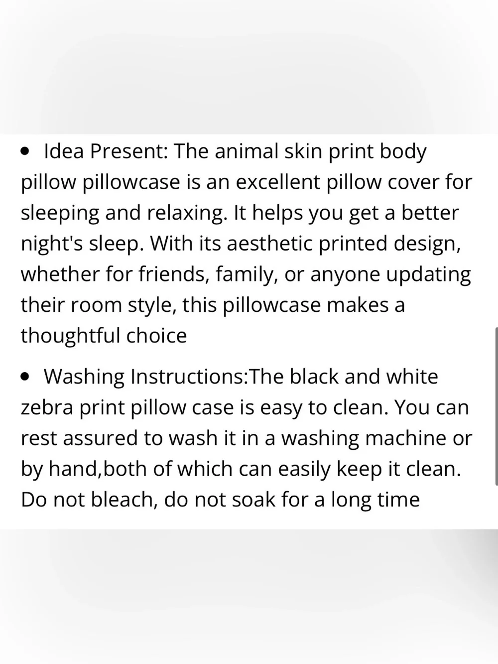 Zebra Print Body Pillow Cover 54x20” BLACK WHITE